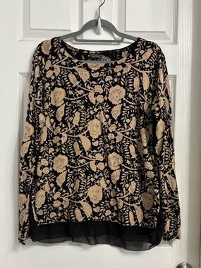 Lucky Brand Black Sweater with Beige Floral Lace Overlay Large